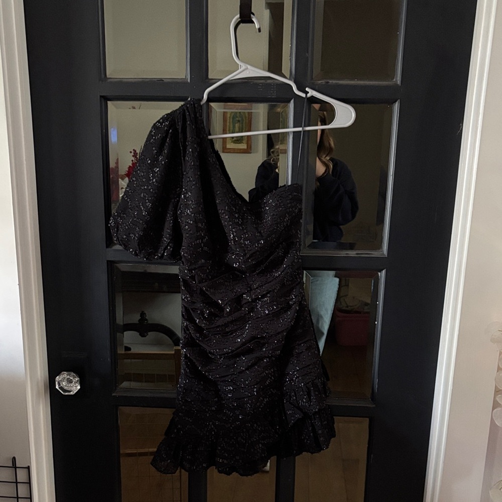 Mango Black Dress with Sparkle Accents One Shoulder